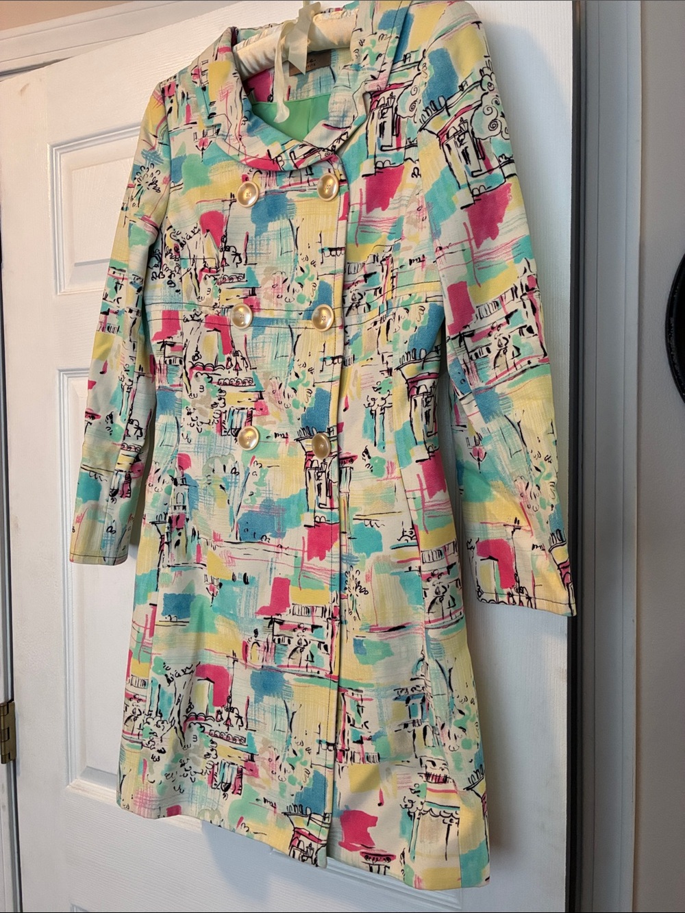 Multicolor Abstract Print Double-Breasted Trench Coat